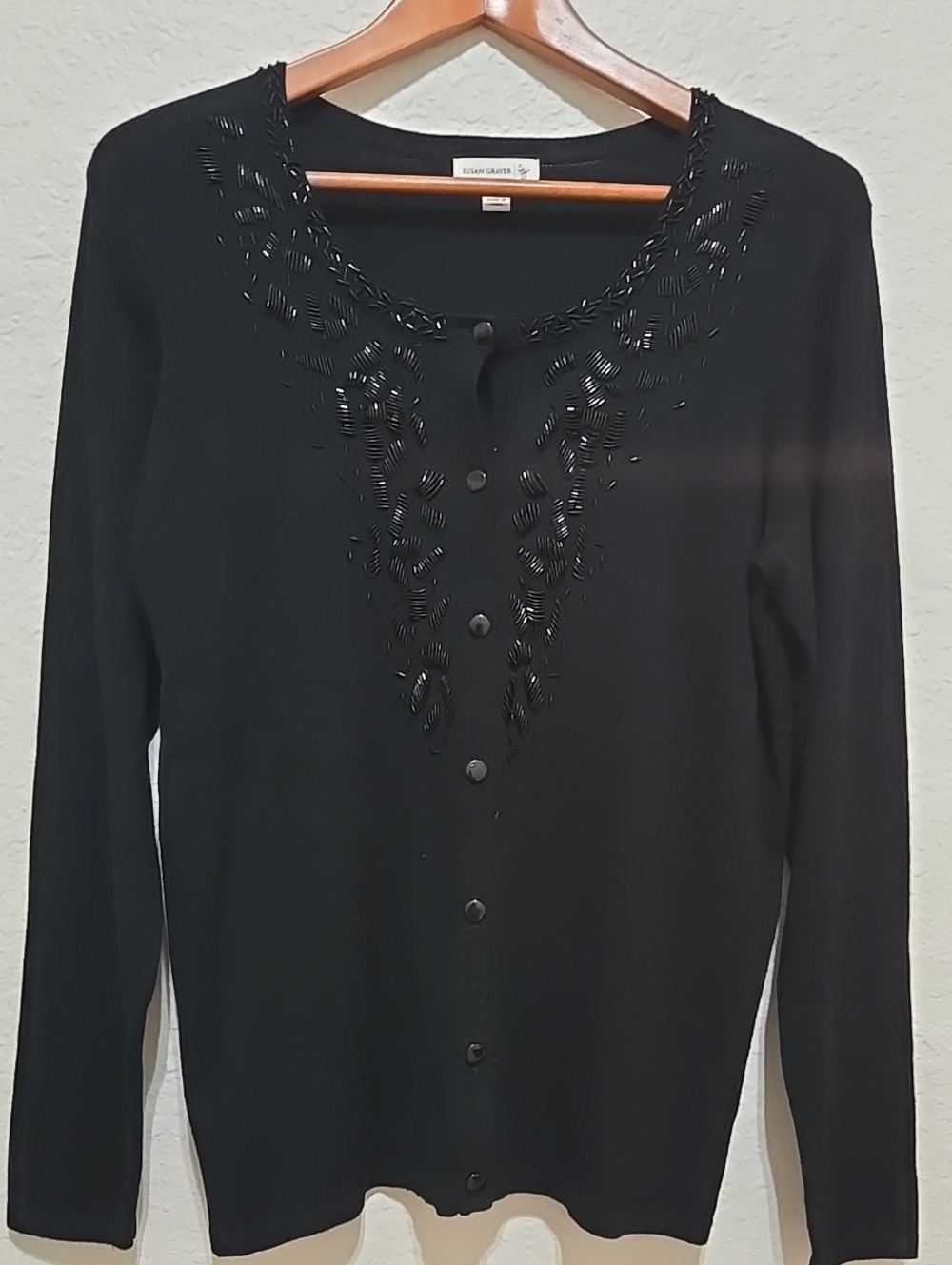 Susan Graver Black Bead-Embellished Button-Front Long Sleeve Top
